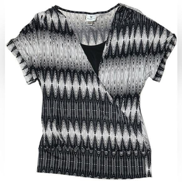 Worthington Stretch Short Sleeve Faux Wrap Black and Off White Blouse Size Small - Picture 1 of 12